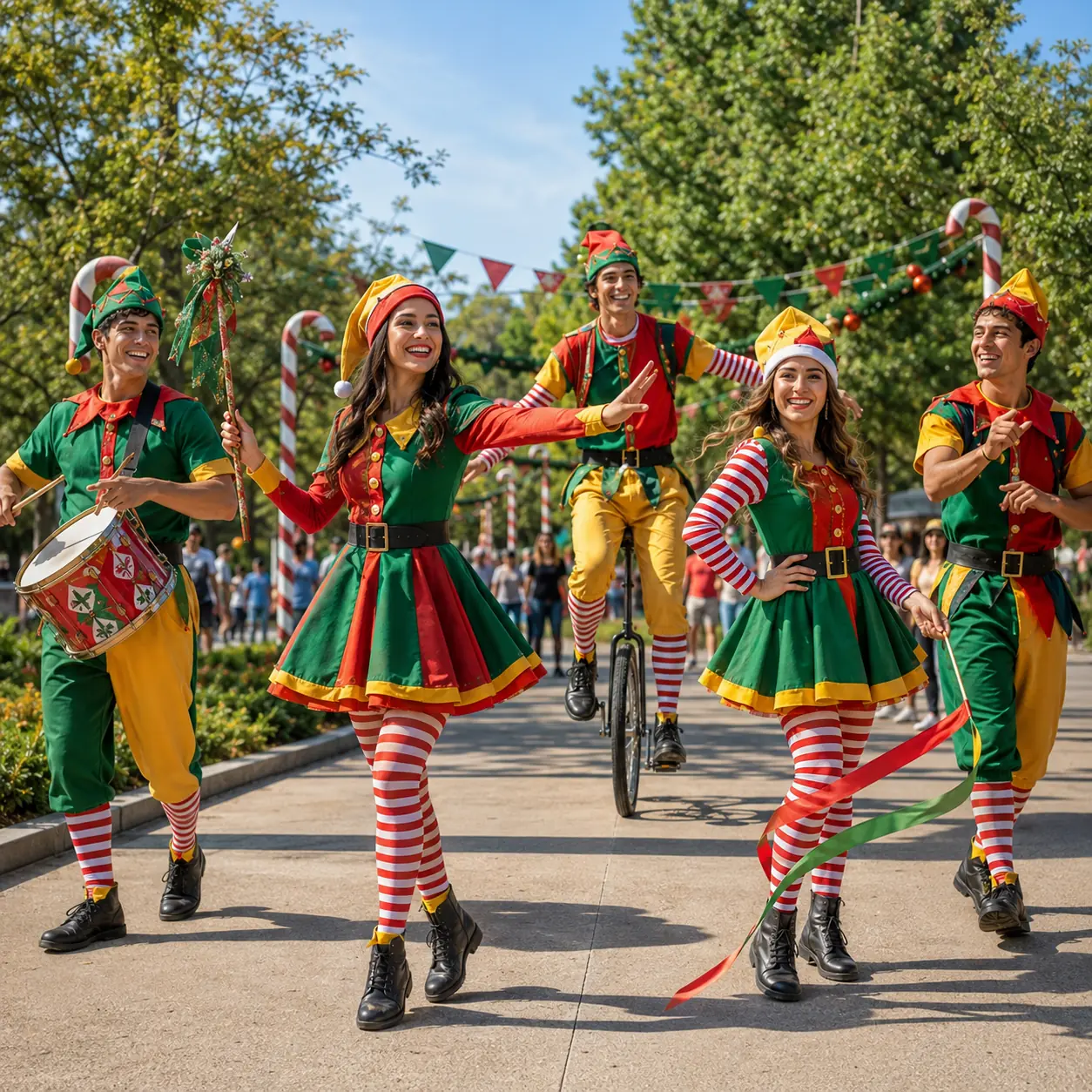 Músicos y bailarines recorriendo el parque