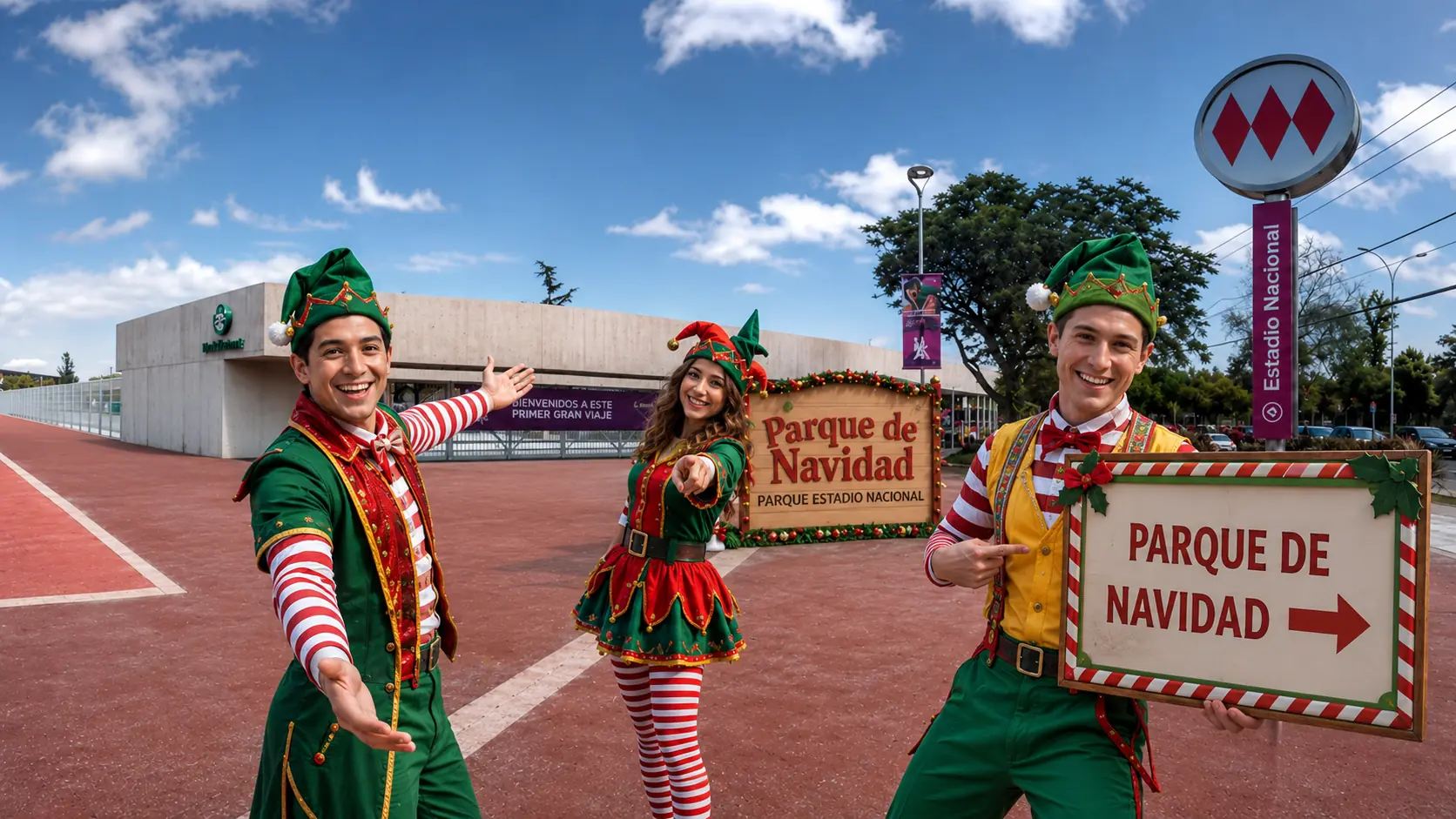 Anfitriones indicando el recorrido hacia el Parque de Navidad