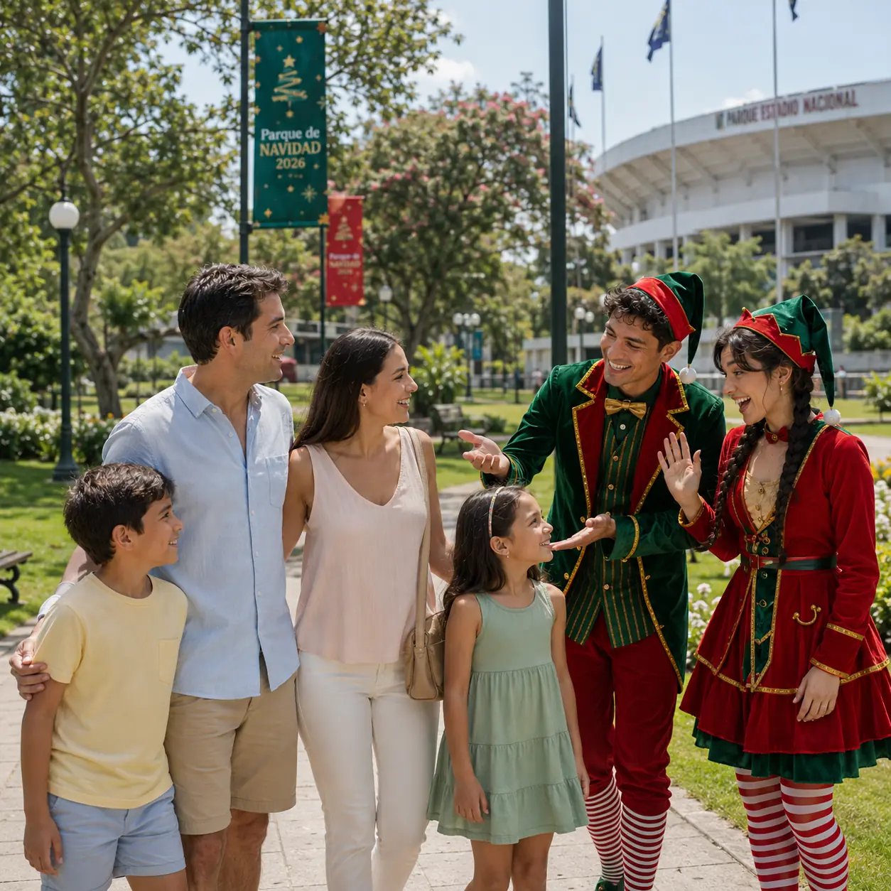 Familia caminando junto a anfitriones navideños