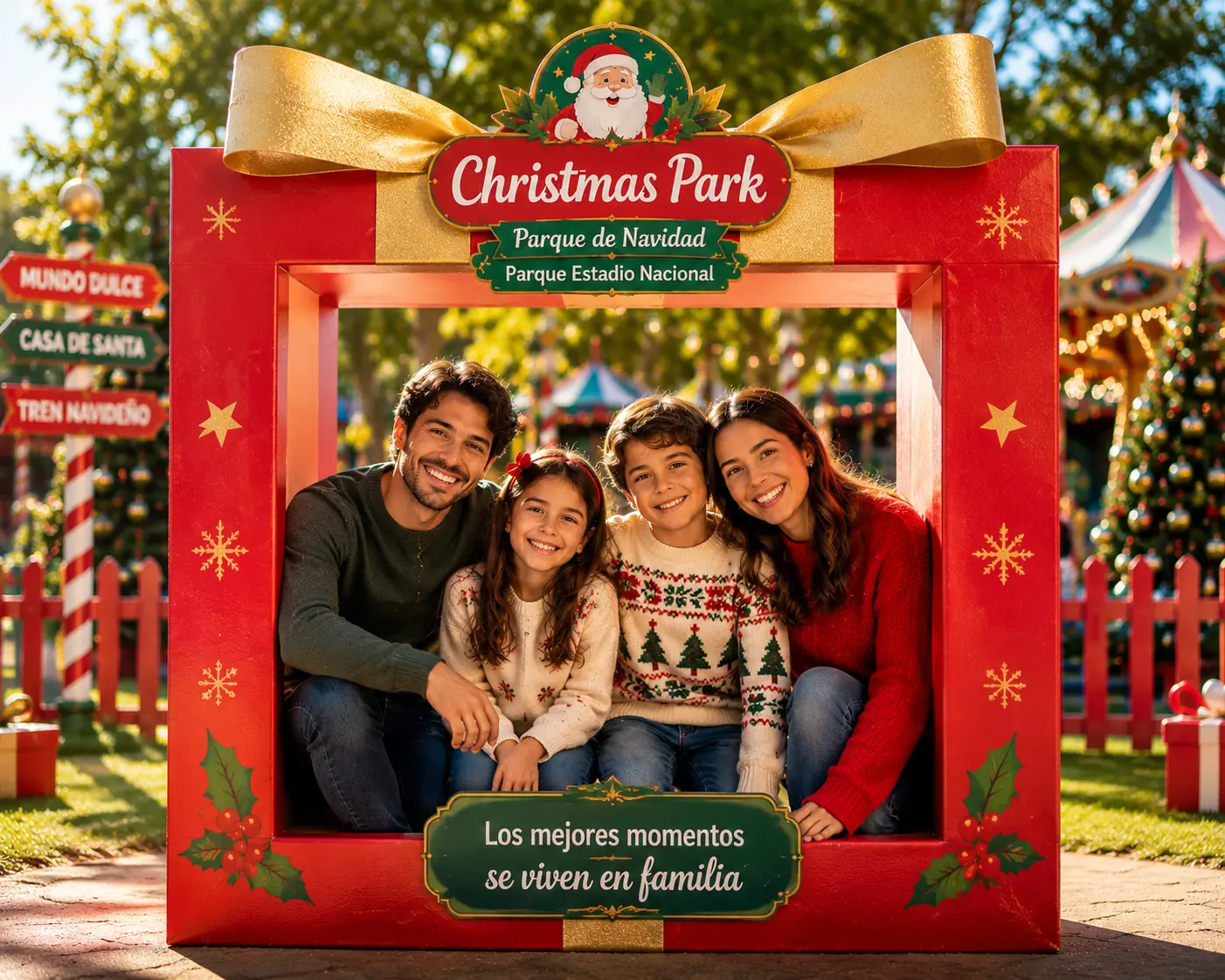 Familia en un punto fotográfico del Parque de Navidad