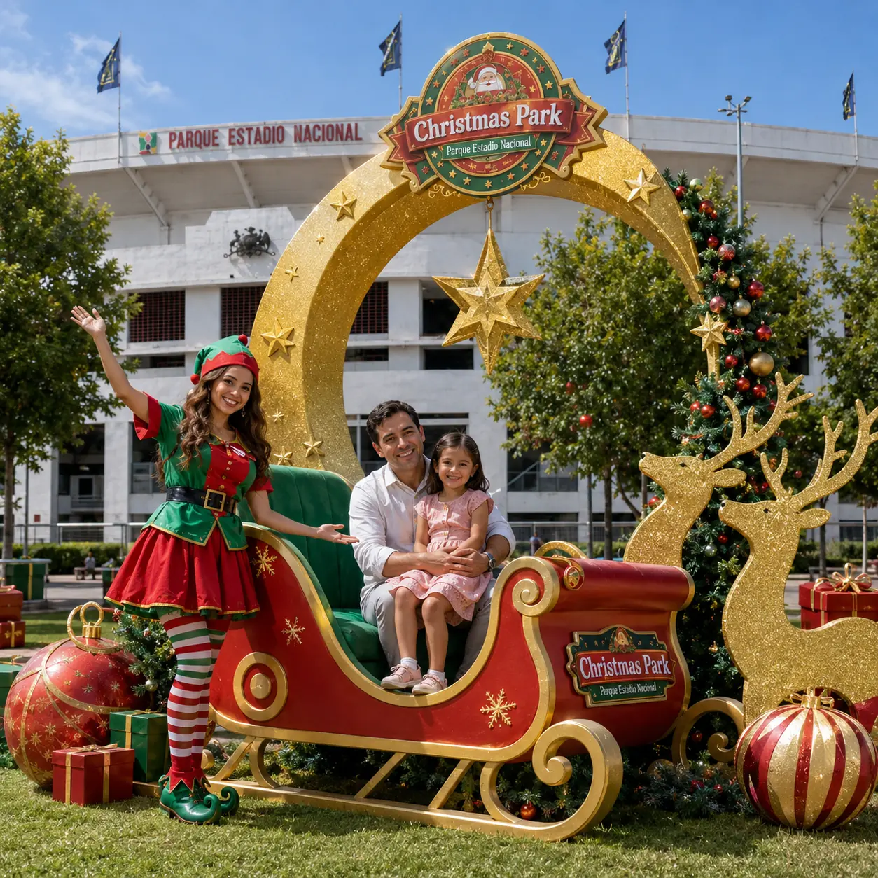 Familia fotografiándose en un trineo navideño